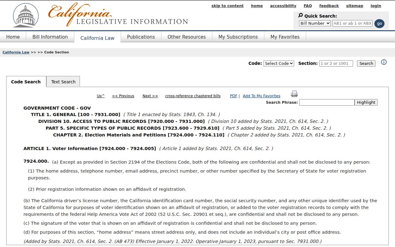 Chino resident lookup California voter confidentiality law